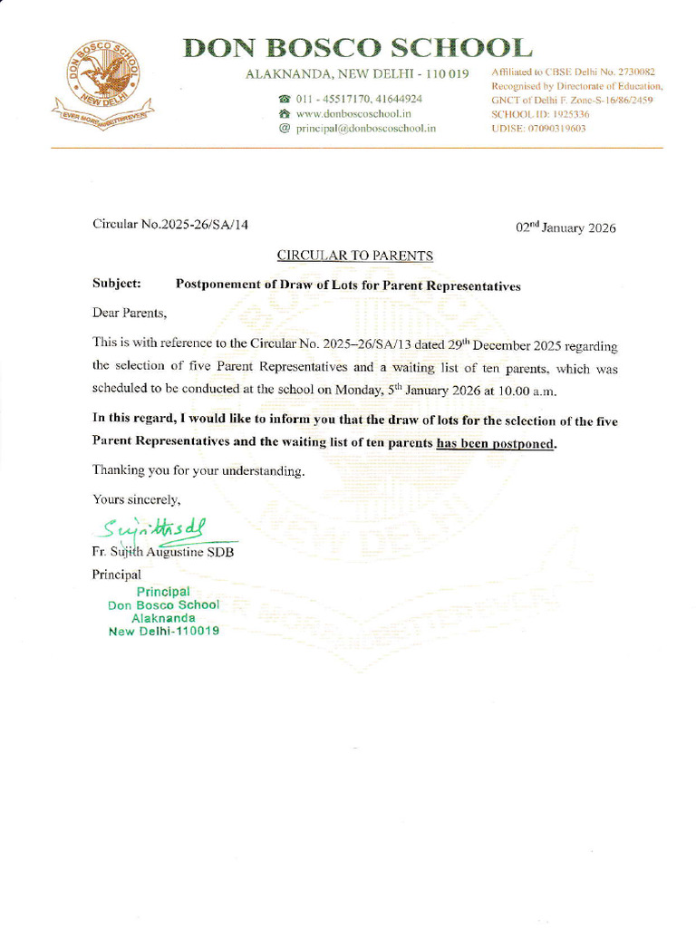 Don Bosco School Parent Circular 2026 | PDF