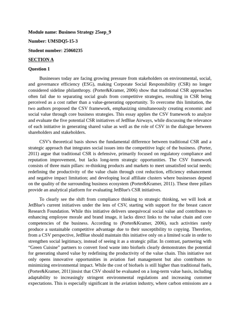 JetBlue's CSR Initiatives and CSV Analysis | PDF | Corporate Social ...