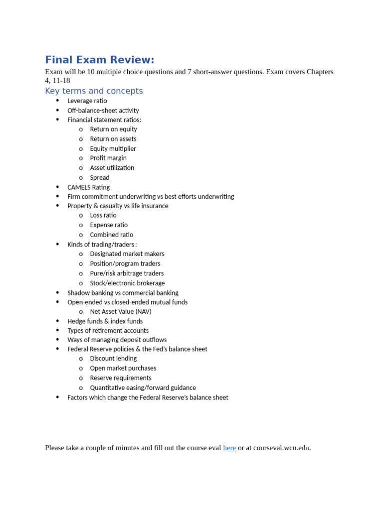 Final Exam Review: Banking Concepts & Ratios | PDF | Banks | Leverage ...