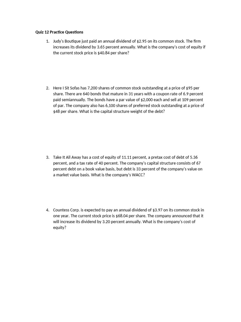 Finance Quiz 12 Practice Questions | PDF | Bonds (Finance) | Cost Of ...