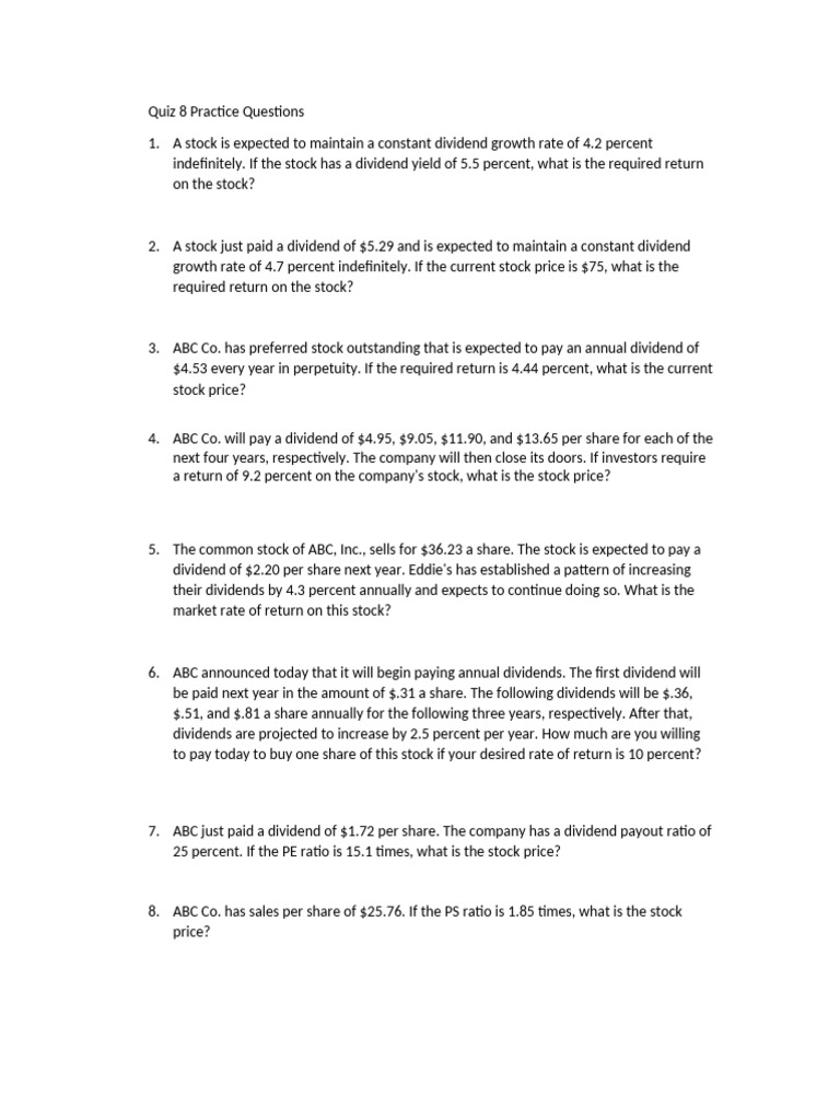 Stock Valuation Quiz Questions | PDF | Dividend | Stocks