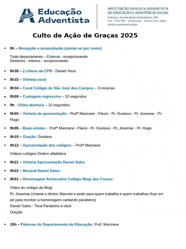 Culto de Ação de Graças 2025: Programação Completa | PDF