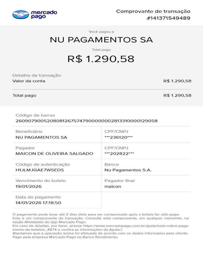 Comprovante de Pagamento NU Pagamentos | PDF