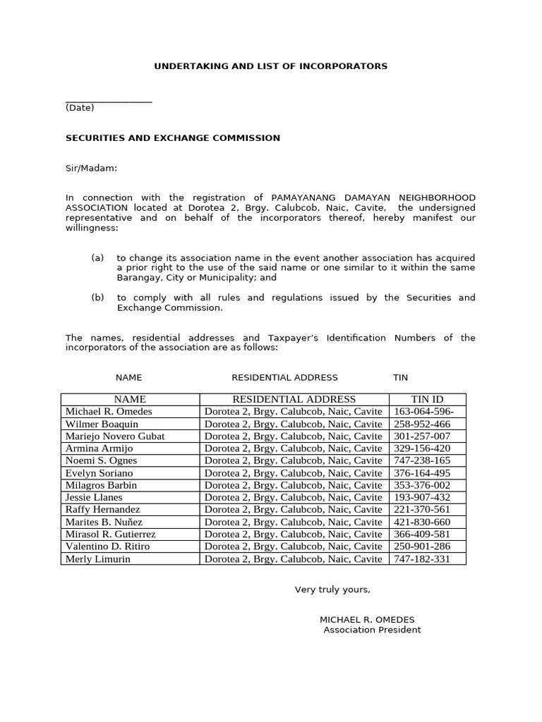 Incorporators List for PAMAYANANG DAMAYAN | PDF