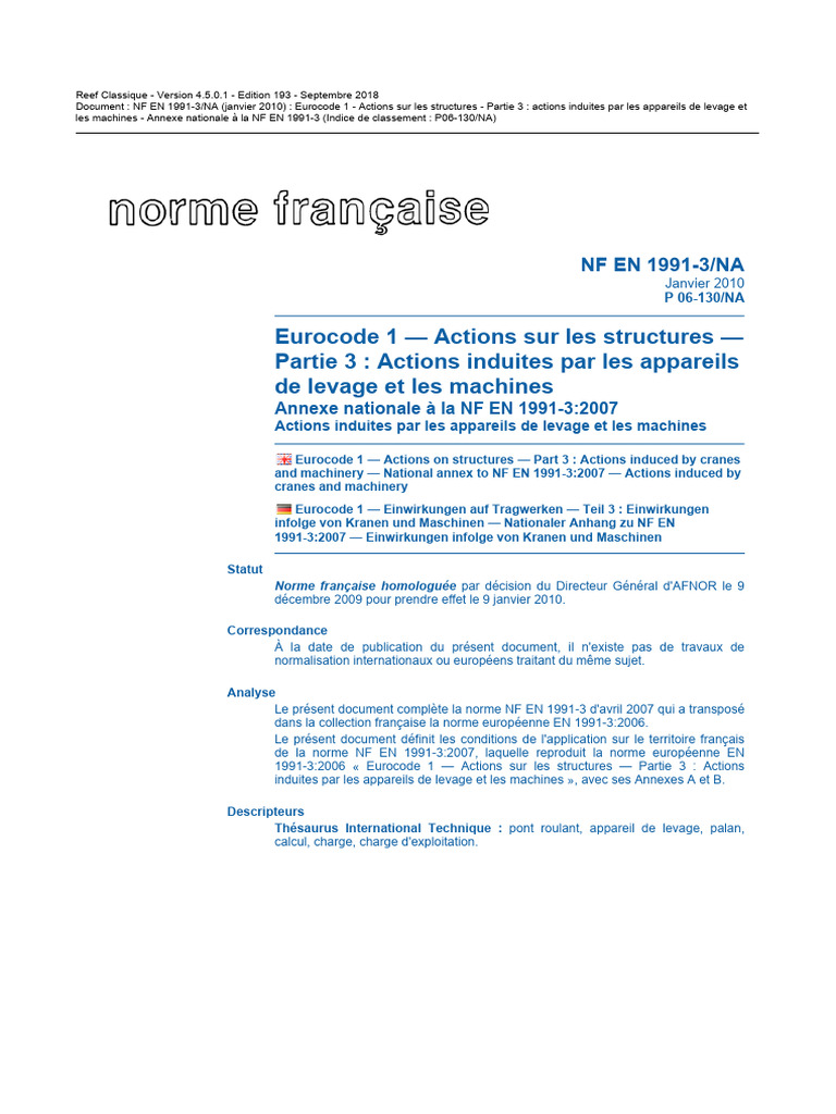 Eurocode 1 : Actions des appareils de levage | PDF