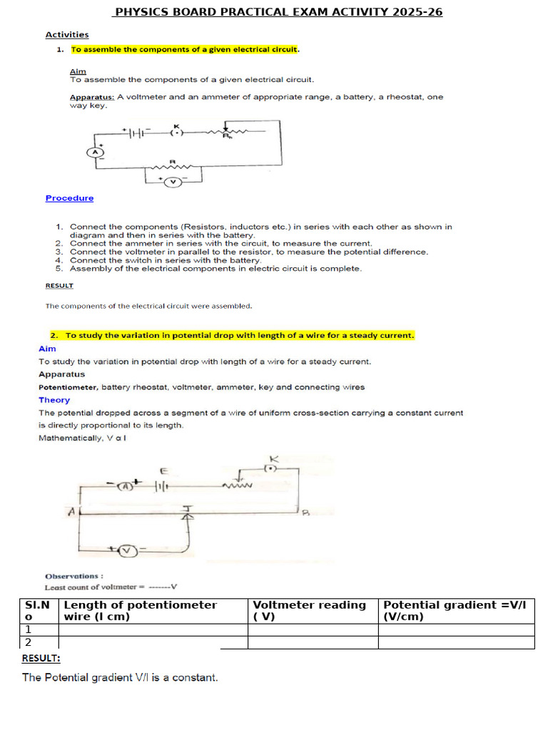 Physics Practical Exam Activity 2025-26 | PDF