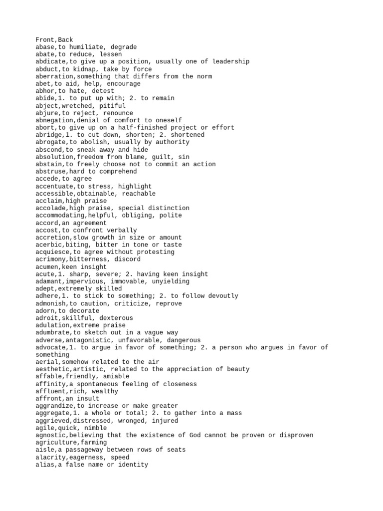 Comprehensive Vocabulary List | PDF