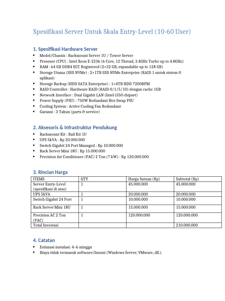 Spesifikasi Server Entry-Level 10-60 User | PDF