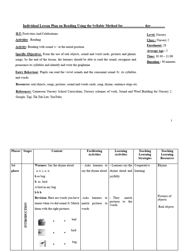Individual Lesson Plan On Reading Using The Syllabic Method | PDF ...