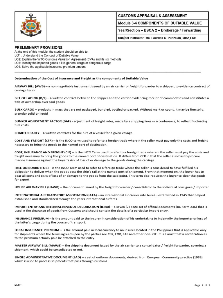 Customs Valuation and Dutiable Value Guide | PDF | Supply Chain ...