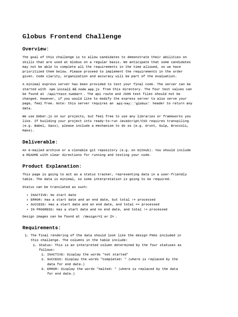 Globus Frontend Challenge Overview | PDF | Computing | Software Engineering
