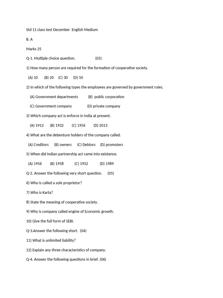 STD 11 Class Test Dec B. A Sub | PDF