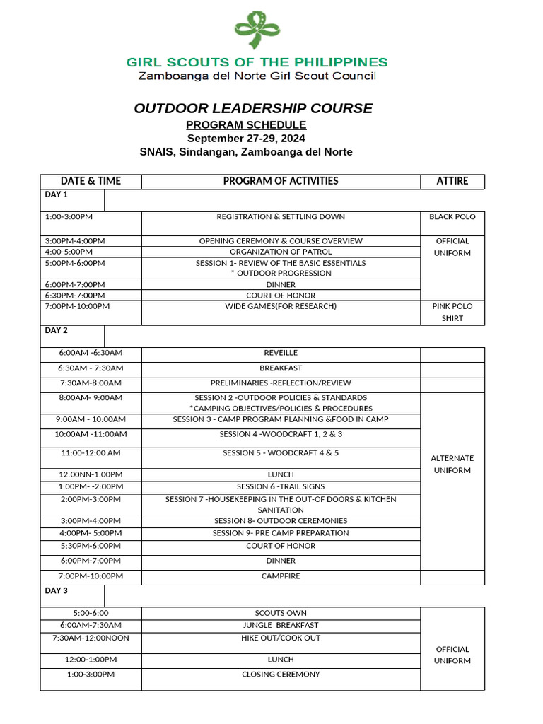 Outdoor Leadership Course Schedule 2024 | PDF | Outdoor Recreation ...