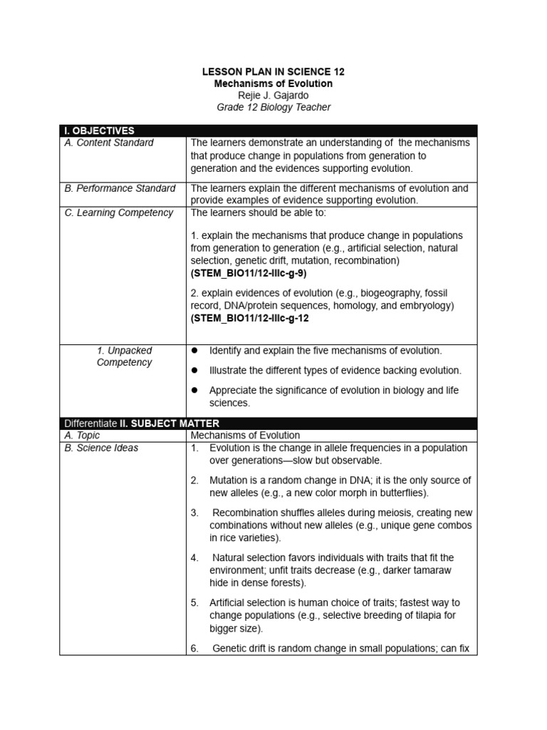 Gajardo Lesson Plan in Science Template | PDF | Evolution | Natural ...