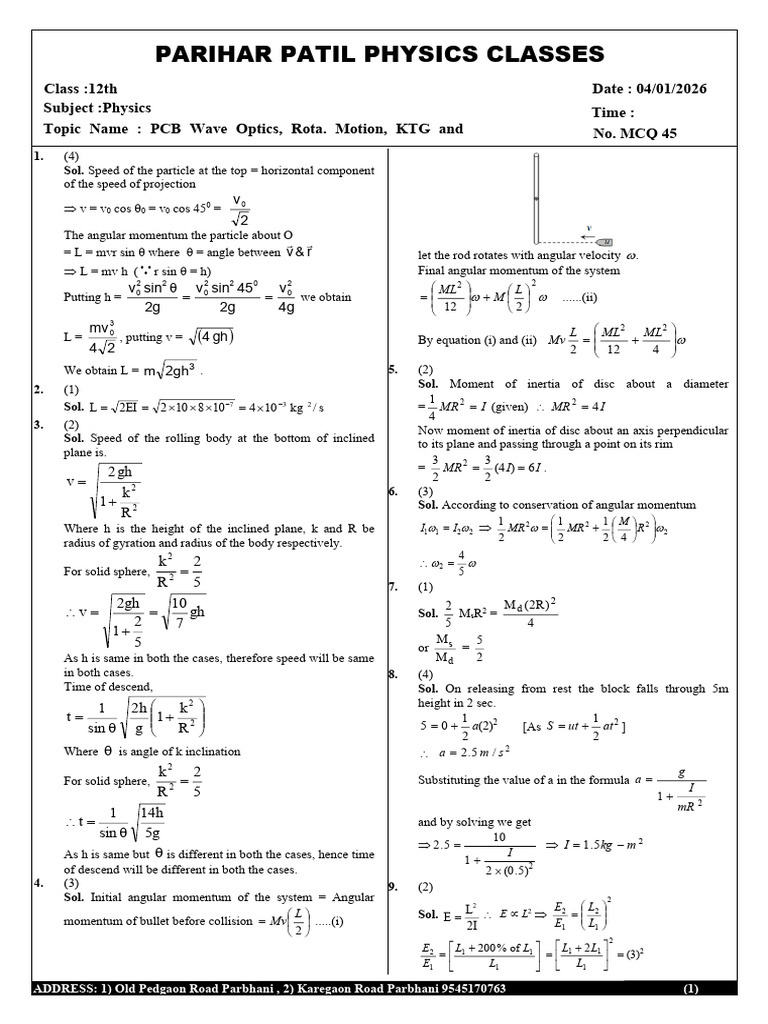 Physics MCQs on Wave Optics and Motion | PDF | Angular Momentum | Mole ...