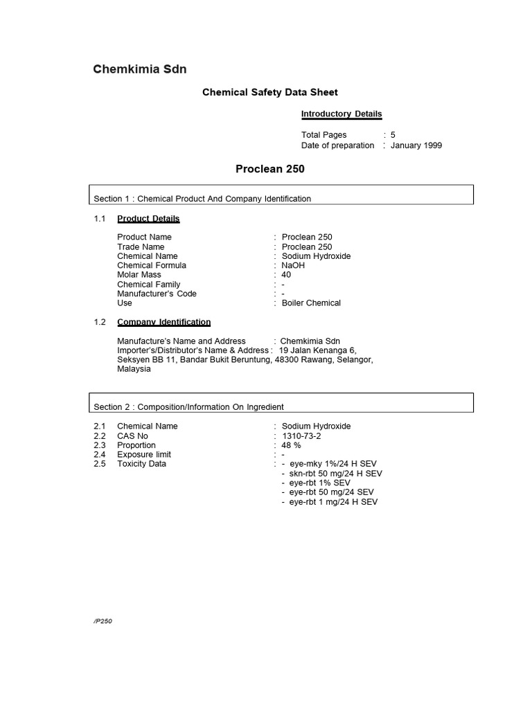Proclean 250 Chemical Safety Data Sheet | PDF | Firefighting | Sodium ...