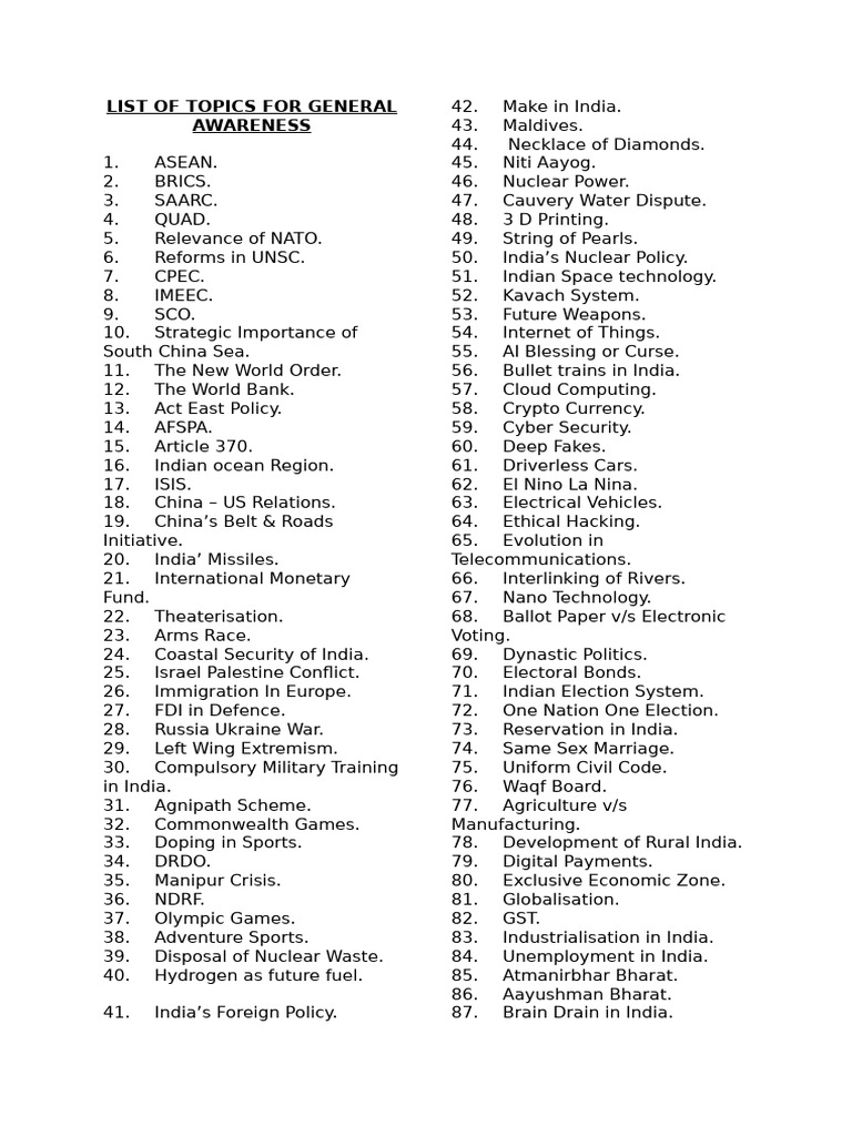 Key Topics for General Awareness | PDF