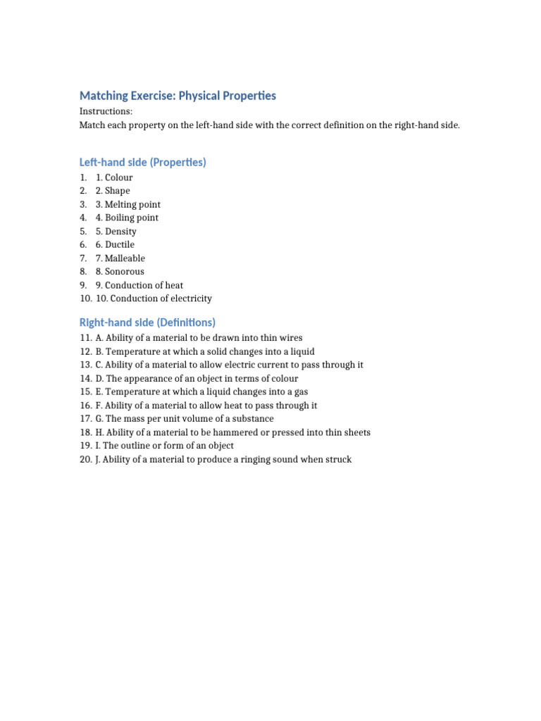 Matching Exercise Physical Properties | PDF