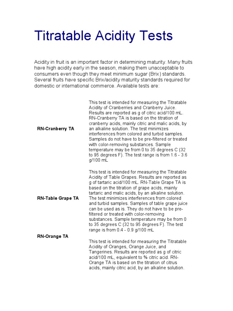 Titratable Acidity Tests PDF Titration Chemistry