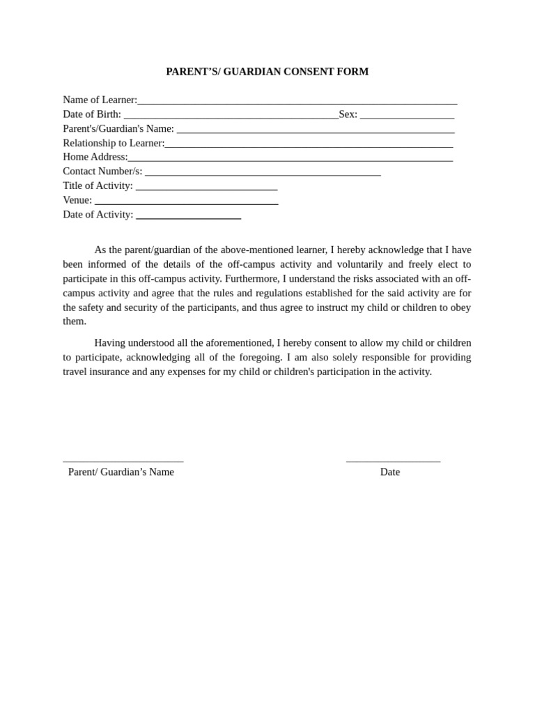Parent Guardian Consent Form Template | PDF