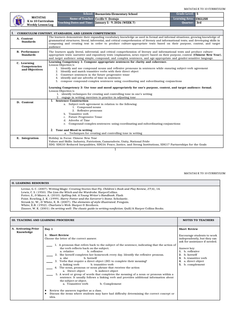 DLL Matatag - English 5 q3 w7 | PDF | Verb | Pronoun
