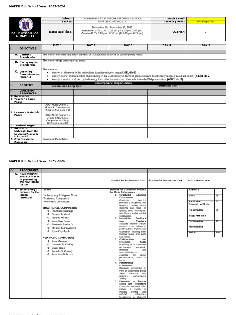 MAPEH 10 Daily Lesson Log: Nov 2025 | PDF | Teachers | Learning