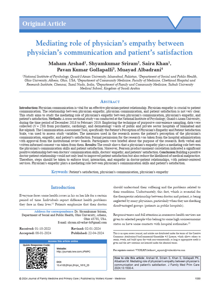 Mediating Role of Physician S Empathy Between.57 | PDF | Empathy ...
