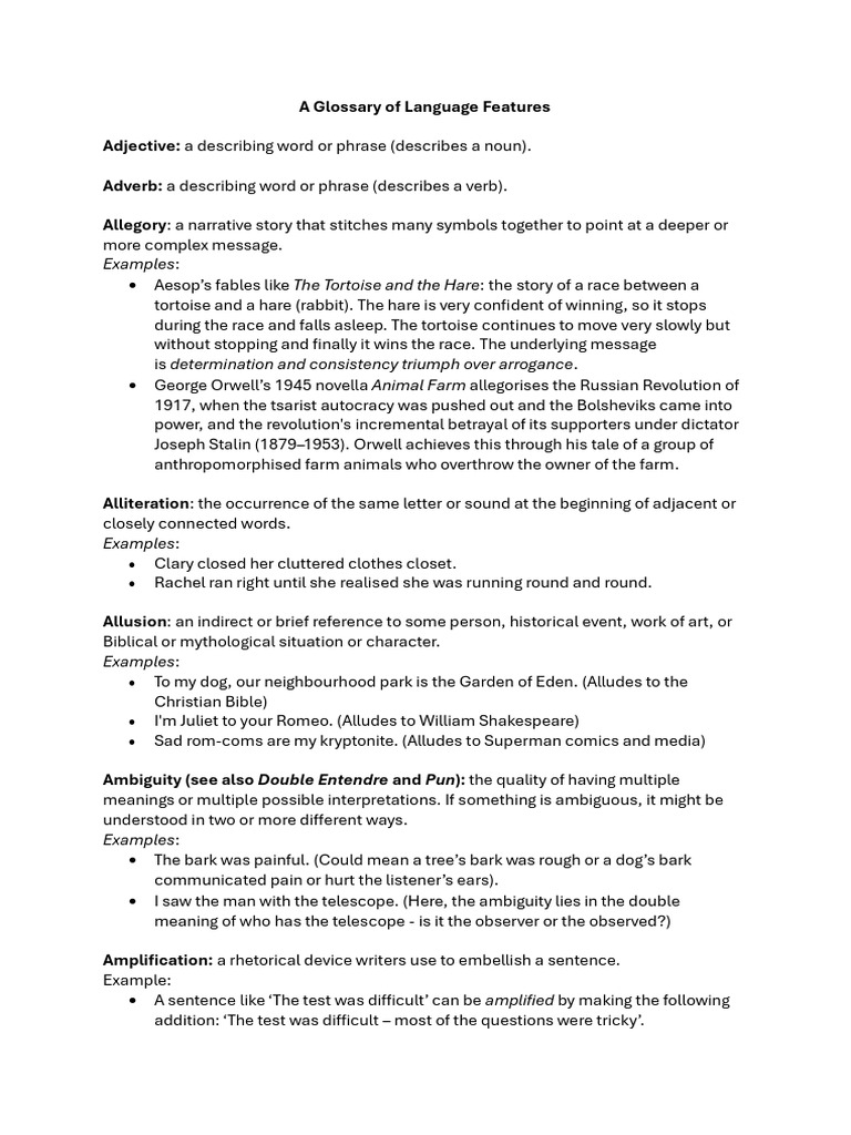 Language Features Glossary | PDF | Rhyme | Anthropomorphism