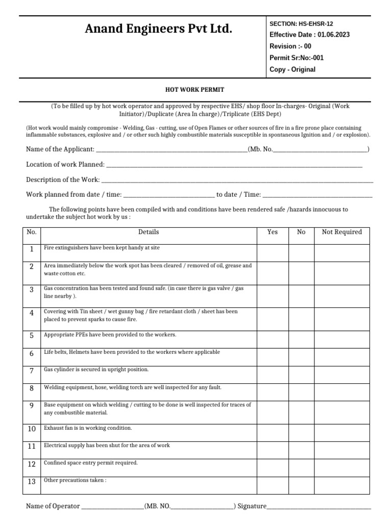 Hot Work Permit Template for Safety | PDF | Fires | Welding