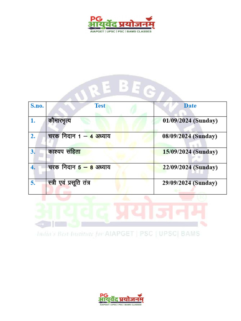 September Month Weekly Test Schedule - 2024: Based On The Course ...