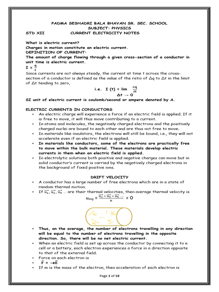 Current Electricity Notes for XII Physics | PDF | Electrical ...