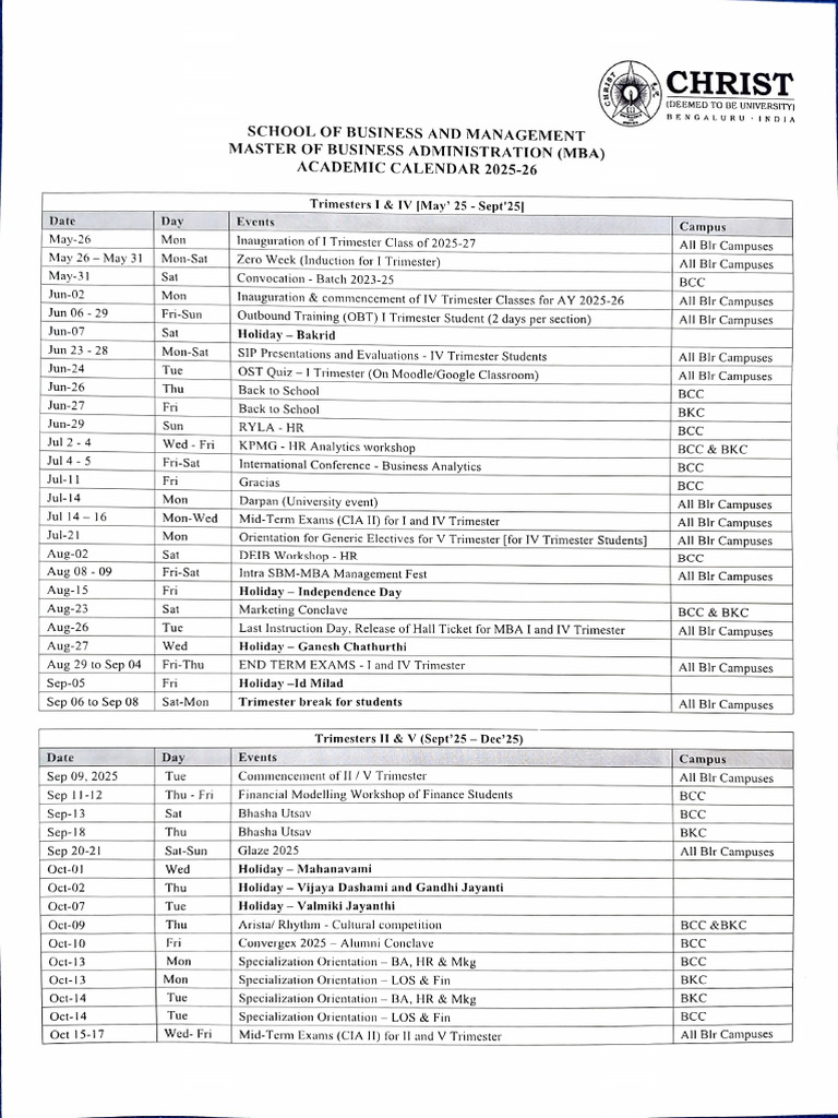 MBA Academic Calendar 2025-26 | PDF | Schools | Public Administration