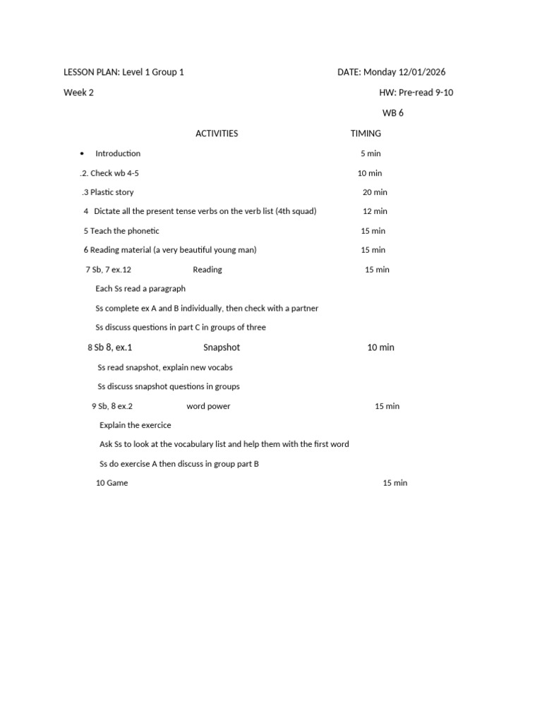 Level 1 Group 1 Weekly Lesson Plan | PDF | Linguistic Morphology ...