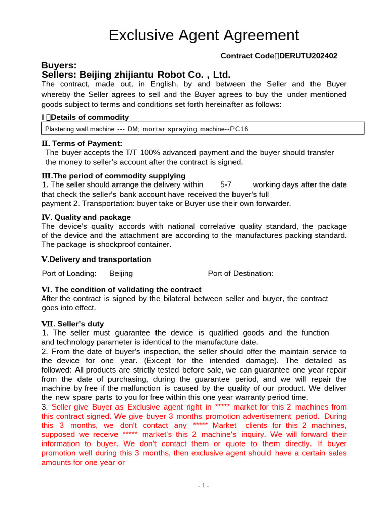 Exclusive Agent Agreement for Machinery | PDF | Procurement | Civil Law ...