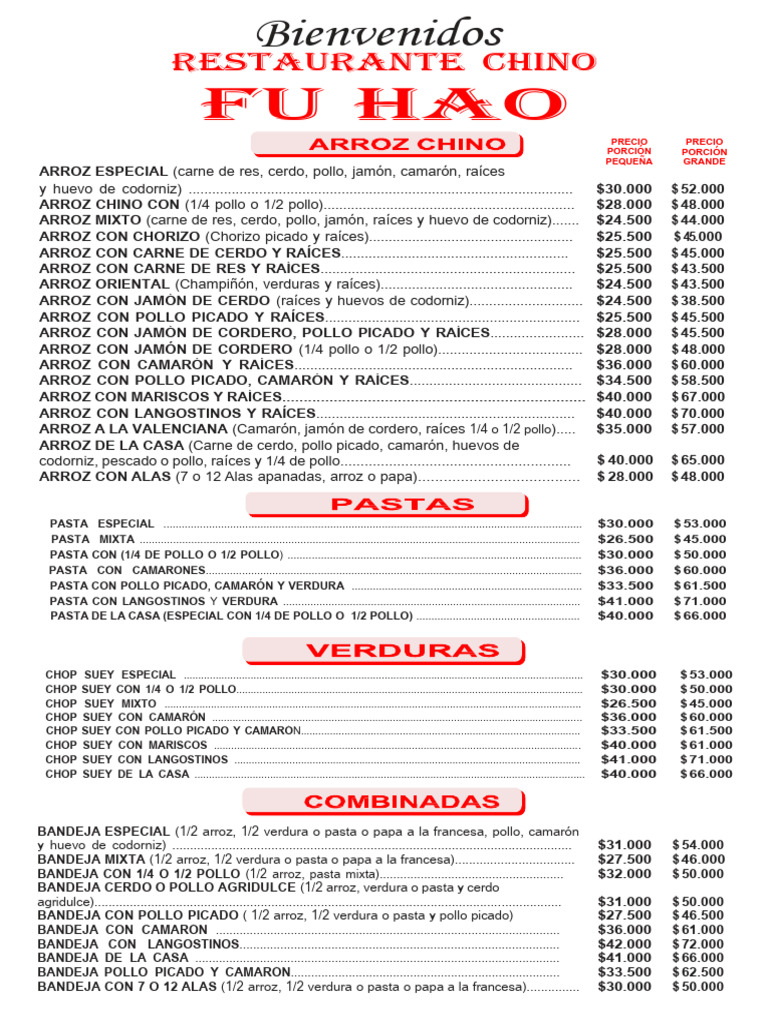 Menú y precios del Restaurante Chino Fu Hao | PDF | Cocina ...