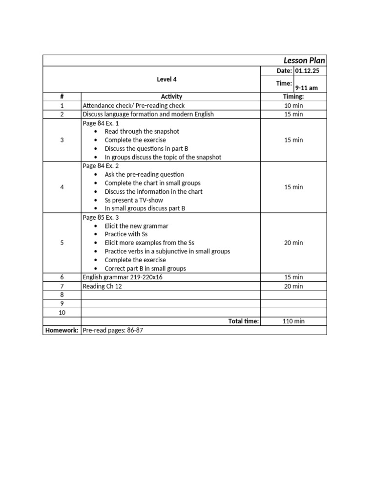 Lesson Plan: Level 4 Date: 01.12.25 Time: 9-11 Am # Activity Timing | PDF