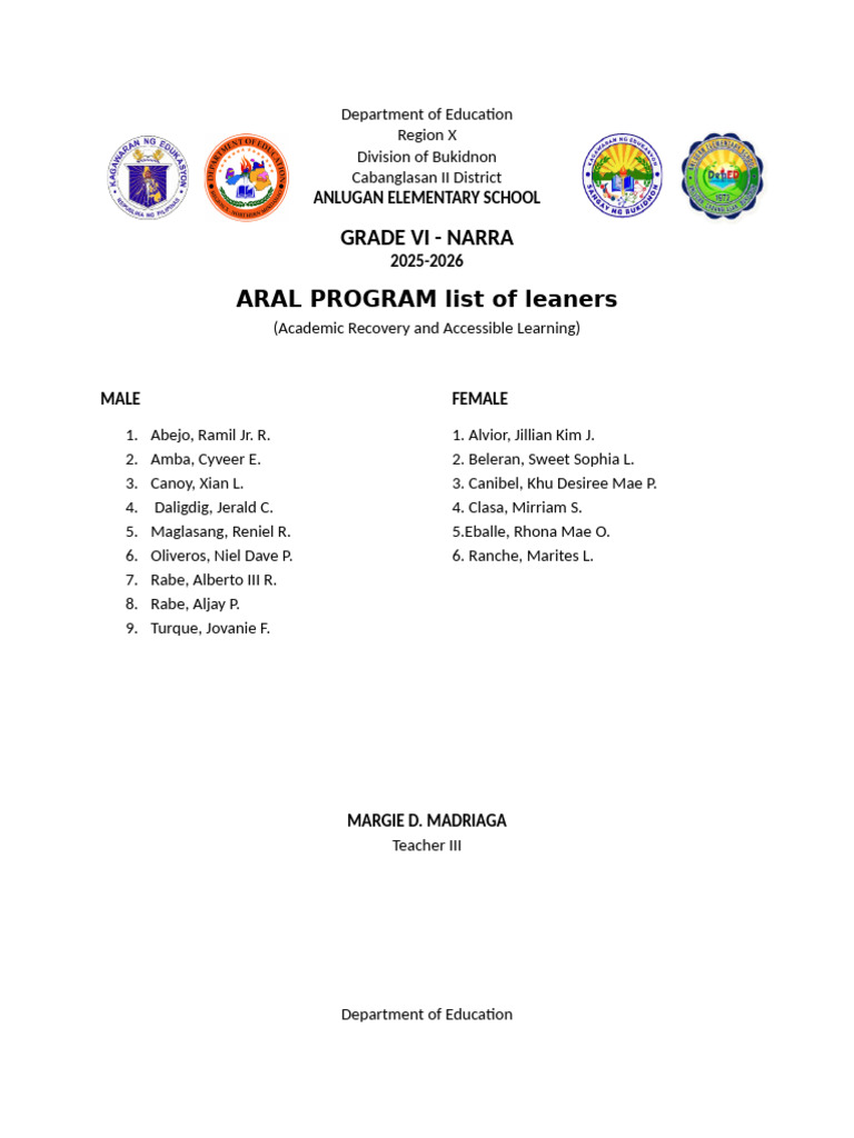 ARAL Program Learner Lists 2025-2026 | PDF | Chess Theory | Chess