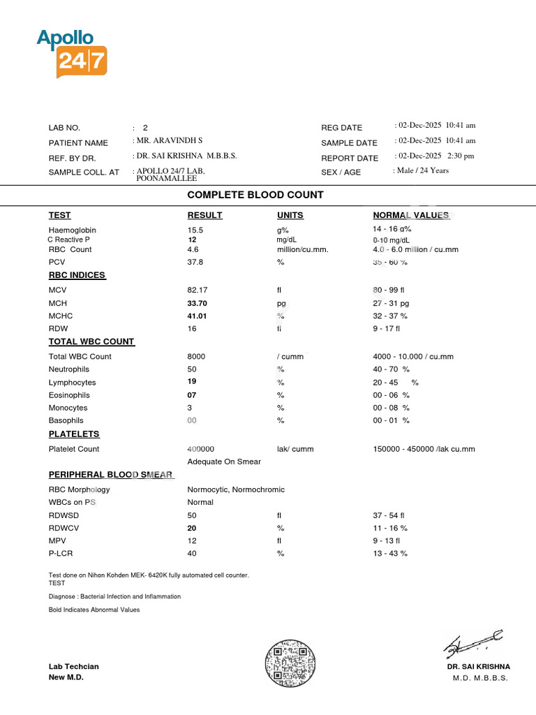 CBC Lab Report (Aravindh) | PDF | White Blood Cell | Anatomy