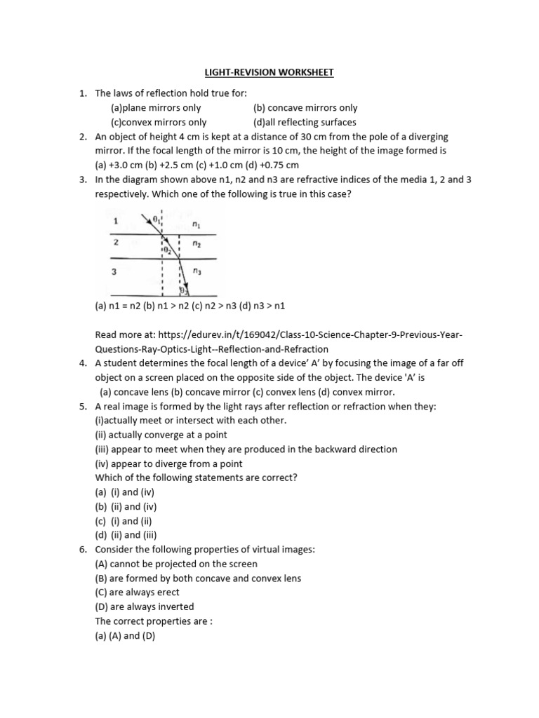 Light Reflection and Refraction Worksheet | PDF | Refractive Index | Mirror
