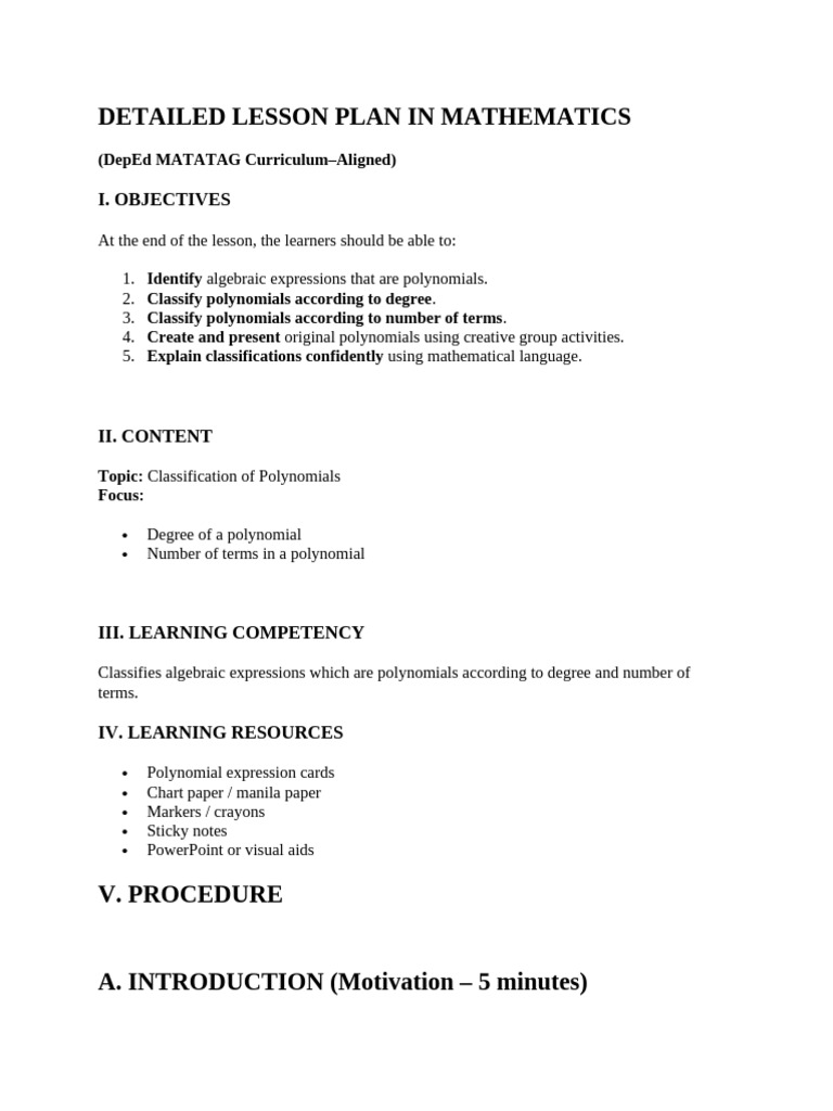 Mathematics Lesson Plan: Polynomials | PDF | Polynomial | Numbers