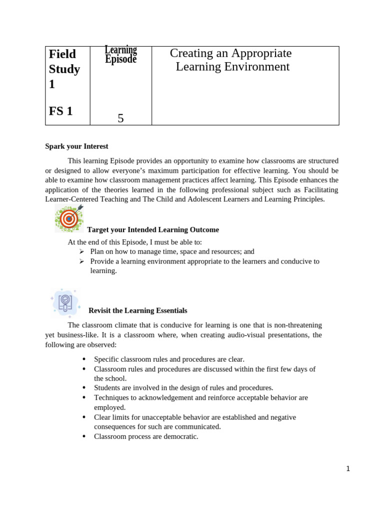 FS 1 - EPISODE 5 Creating An Appropriate Learning Environment | PDF ...