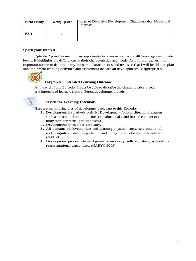 FS 1 EPISODE 2 Learner Diversity Development Characteristics, Needs and ...