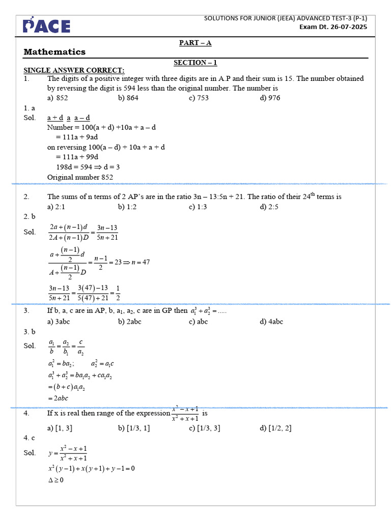 Junior (Jeea) Advanced Test - 3 - (P-1) - Solutions - 26!07!2025 | PDF ...