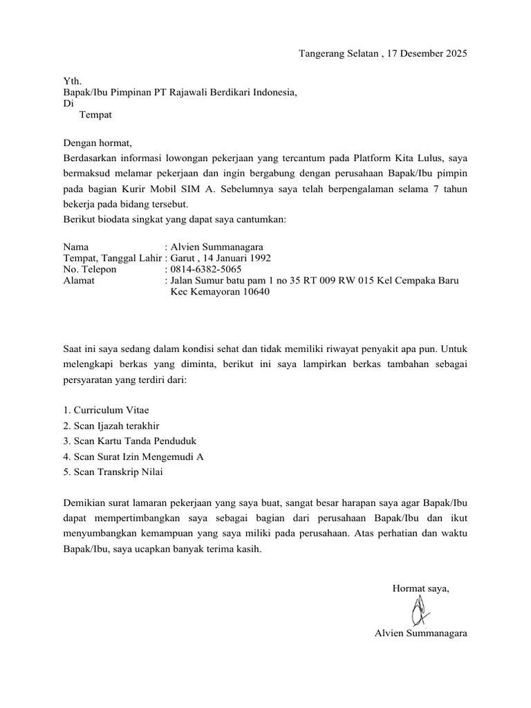 CV DRIVER SIM A (Alvien Summanagara) | PDF