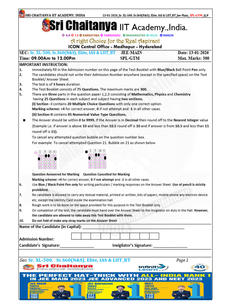 JEE Main Question Paper - Sri Chaitanya | PDF | Circle | Numbers