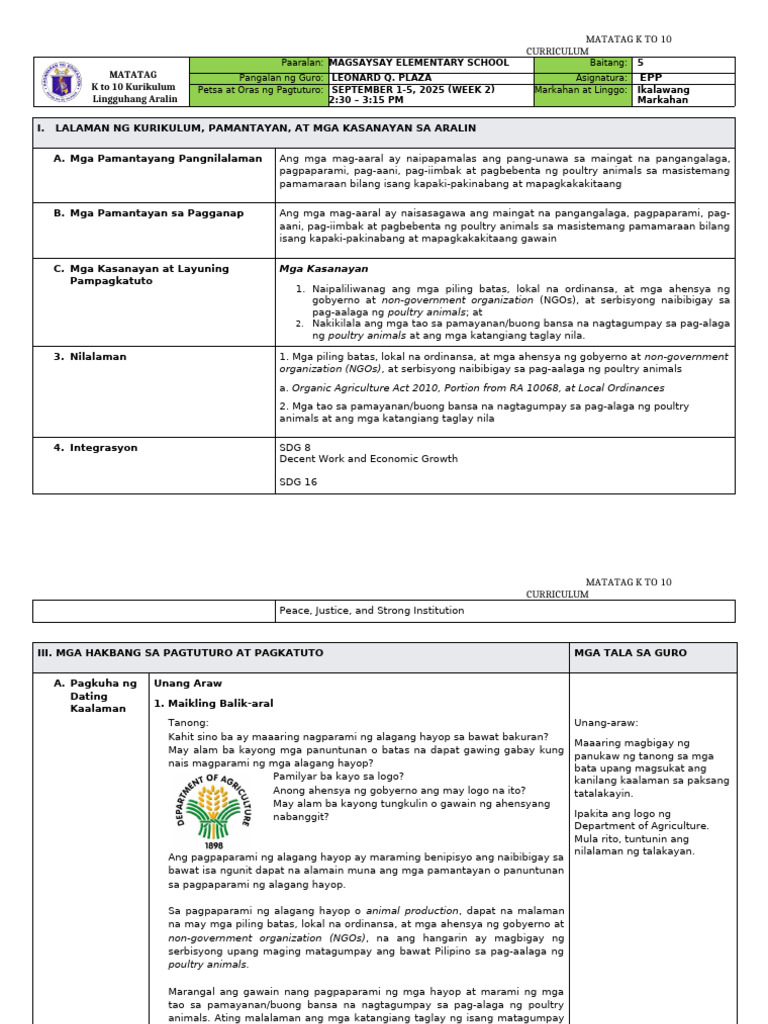 DLL Matatag - Epp 5 q2 w2 | PDF