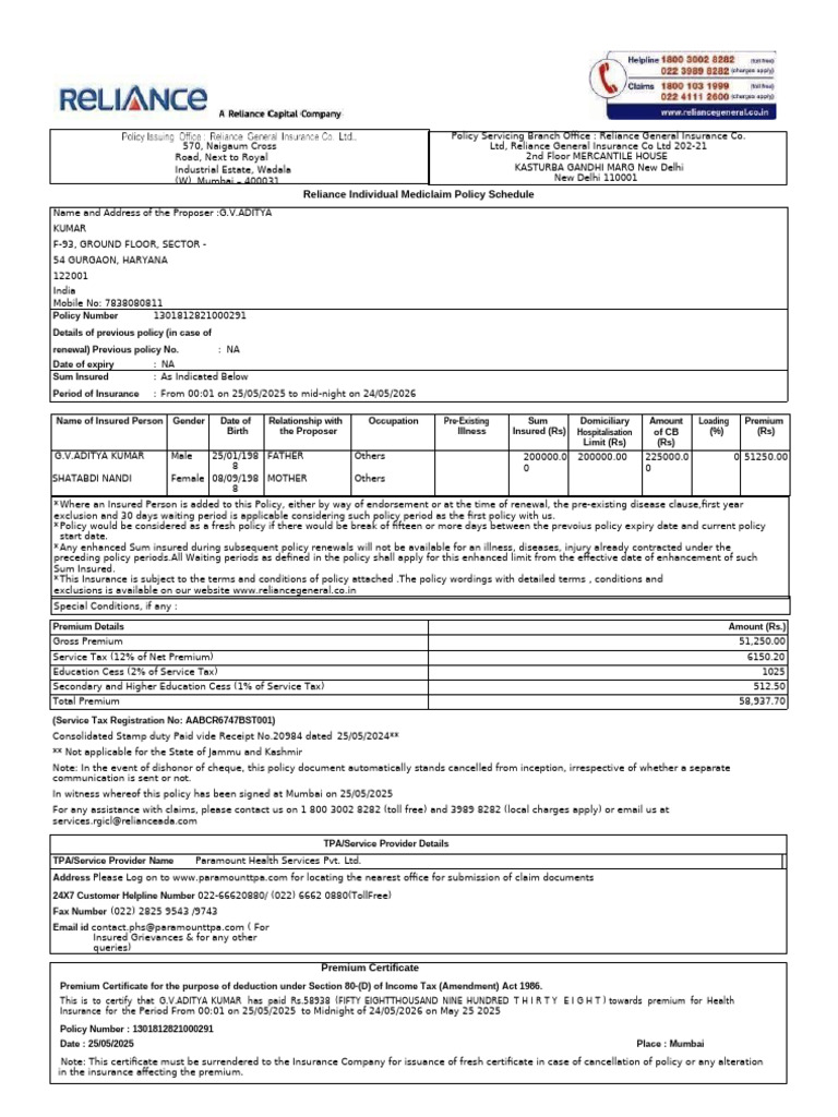 Reliance Health Insurance Premium Certificate | PDF | Taxes | Payments