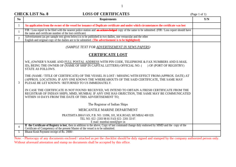 Check List No. 8 - Loss of Certificates | PDF