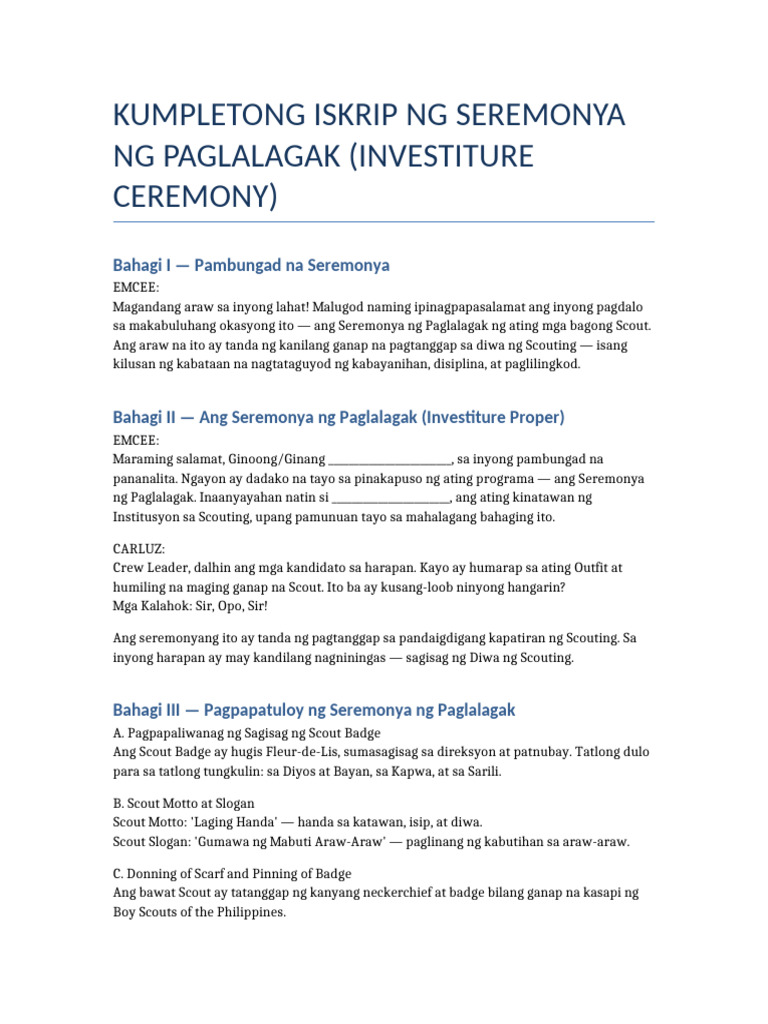 Kumpletong Seremonya Ng Paglalagak | PDF
