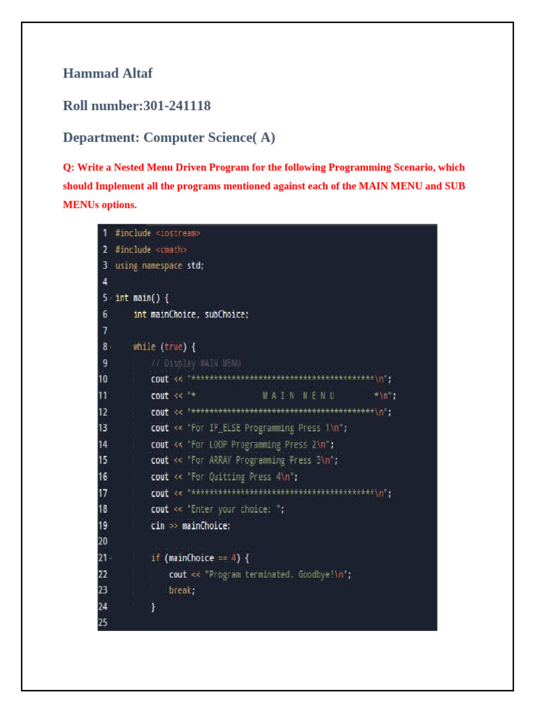 Nested Menu Program in C for CS Students | PDF